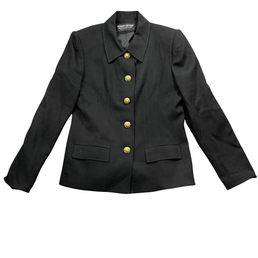 Herbert Grossman 10 Black Lined Jacket Blazer Gold‎ Buttons 100% Wool